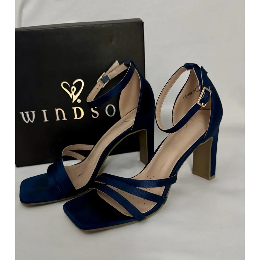 Women's Navy Blue Heel 7 Ankle Strap Open Toe Square Wedding Party  Sandal Heels